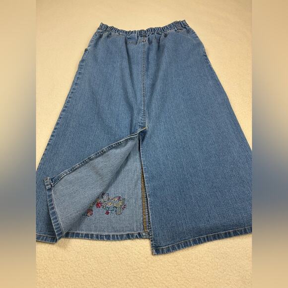 Vintage Papagallo Denim Midi Skirt Womens 10 Blue Jean Floral Beaded - Picture 5 of 8